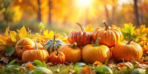 Naklejka premium Vibrant Autumn Harvest with Pumpkins and Green Leaves for Seasonal Decor