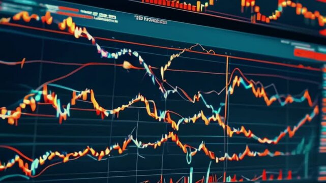 A computer screen that displays various graphs and data analysis. A businessman analyst scrutinizes digital financial data graphs, employing advanced technology to make insightful investment decisions