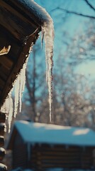 Obraz premium Icicles Hanging From a Snowy Roof in Winter