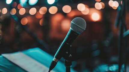 Close-up of microphone on stand in soundproof recording studio, positioned in front of script stand, symbolizing voice acting and audio production.