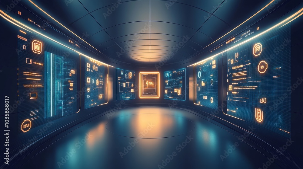 Poster a futuristic corridor lined with glowing screens displaying data and information.