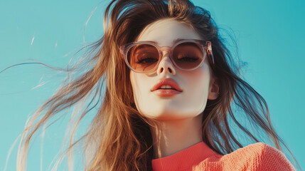 Młoda kobieta z długimi, luźnymi włosami, w modnych okularach, pozując w swobodny sposób.