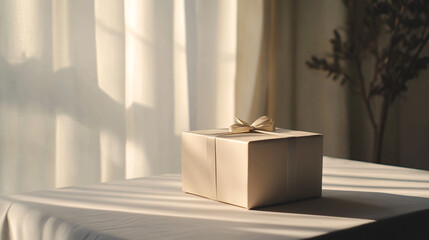 Elegant Beige Gift Box with Ribbon on a Table with Sunlit Curtains