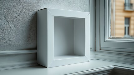 Fototapeta premium Minimalist white cube shelf by a window, capturing natural light.