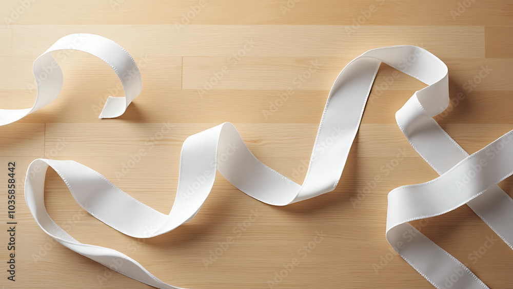 Poster A white ribbon lies on a wooden surface creating a simple yet elegant visual effect.