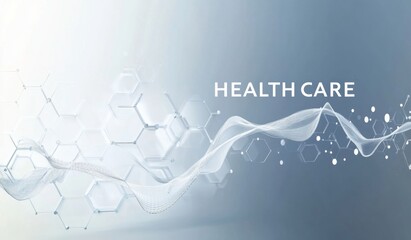 Abstract background with hexagons and connecting dots for a medical, science, or technology concept "HEALTHCARE" text in white color on a light blue gradient banner background Generative AI
