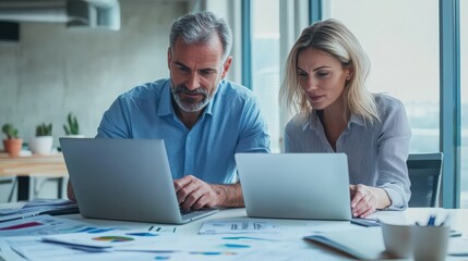 Obraz premium Two busy colleagues working together talking using laptop in office. Middle aged Latin female manager teaching young male worker looking at computer discussing business plan at office meeting.