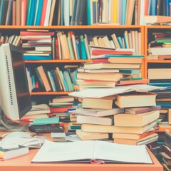 A cluttered workspace filled with books and a computer.