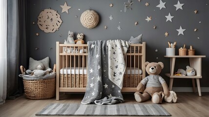 scandinavian newborn baby room with gray background
