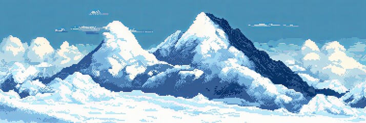 Pixelated Mountain Peak with Blue Sky and Clouds