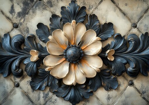Intricate floral ornamentation with carved petals on a textured background.