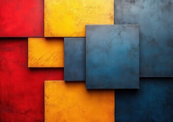 Abstract geometric composition with vibrant red, yellow, and blue panels overlapping.