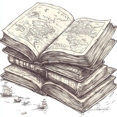 A stack of open books featuring maps, symbolizing knowledge and exploration.