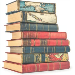 A stack of vintage books with decorative covers and maps.