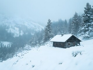 Snowy Cabin Surrounded by Winter Landscape