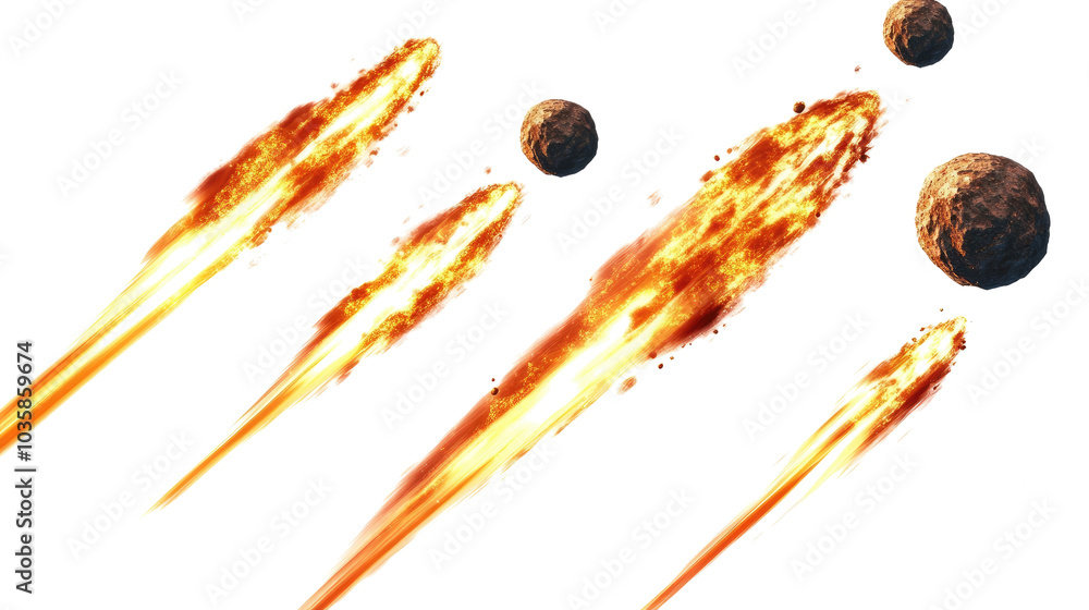 Poster fiery trailed asteroids on transparent background generative ai