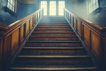 A Glimpse of Sunlight Through a Dusty Window Illuminating a Wooden Staircase