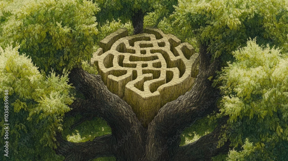 Poster a large tree trunk with a maze carved into its side.