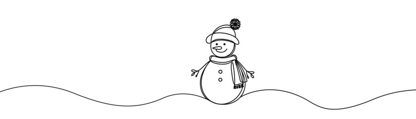 Single drawing with a continuous line on a white background. Cute snowman in a hat and scarf