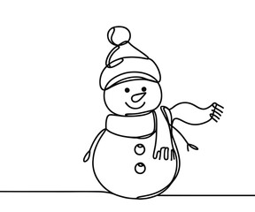 single, continuous, line, drawing, snowman, cute, hat, scarf, white background, design, graphic, sleek, outline, modern, clean, monochrome, digital, winter, festive, holiday, Christmas, simple, styliz