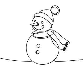 Single drawing with a continuous line on a white background. Cute snowman in a hat and scarf