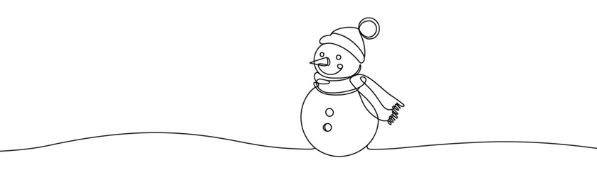 Single drawing with a continuous line on a white background. Cute snowman in a hat and scarf