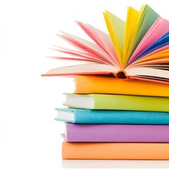 Fototapeta premium A stack of colorful books with one open, showcasing vibrant pages.