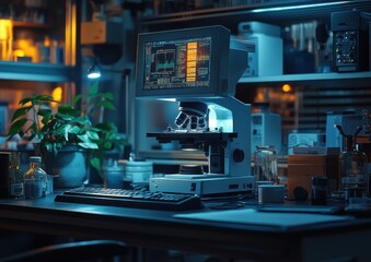 High-tech laboratory with an advanced digital microscope in ambient lighting.