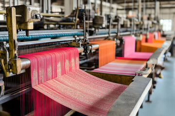 Textile Factory Interior. Rows of Modern Weaving Looms in Action, Showcasing Fabric Production and Manufacturing Processes