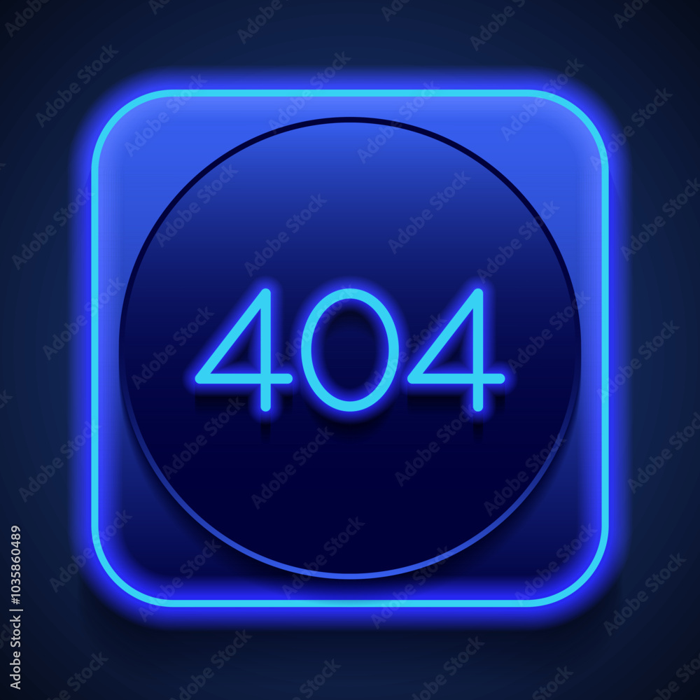 Poster 404, error simple icon vector. blue neon style on button. with shadow