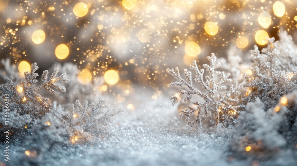 Poster winter's touch on pine branches, dusted with snow and highlighted by golden lights, festive and beau