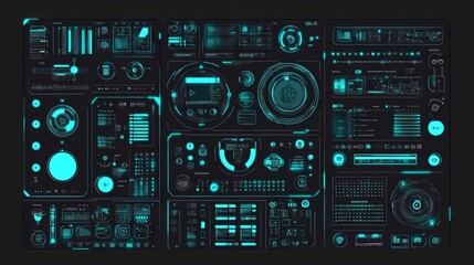 Fototapeta premium Futuristic user interface elements for a digital dashboard, including buttons, sliders, graphs, and indicators.
