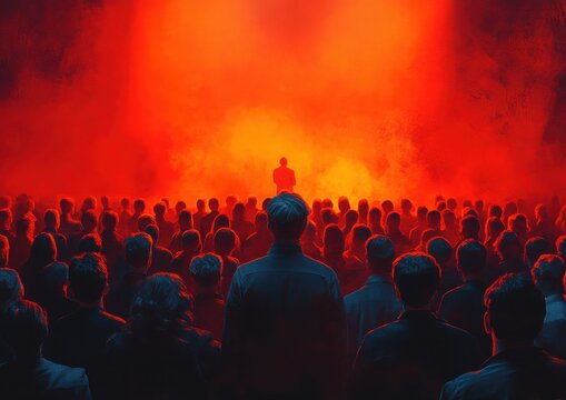 Silhouetted figure addresses a large crowd against a dramatic red backdrop.