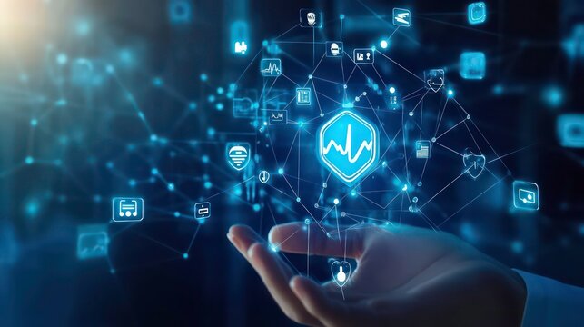 A hand holds a glowing hexagon with a line graph icon surrounded by connected data icons.