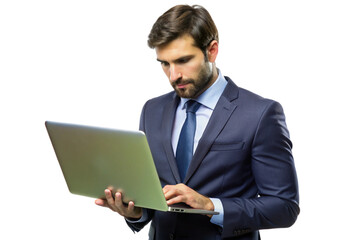 Confident businessman working on laptop isolated.