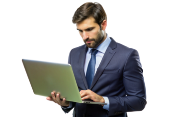 Confident businessman working on laptop isolated.