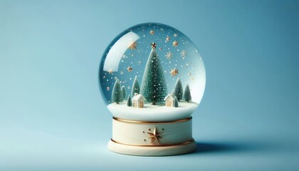 Clean minimalist design, featuring a simple Christmas snow globe on a solid blue background, softly lit to highlight the delicate snowfall inside