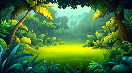 Lush green jungle with tall trees and a grassy clearing in the distance.