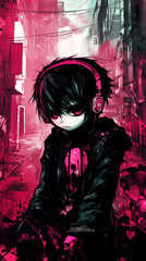 Fototapeta premium Cyberpunk Manga-Style Boy Phone Background. 