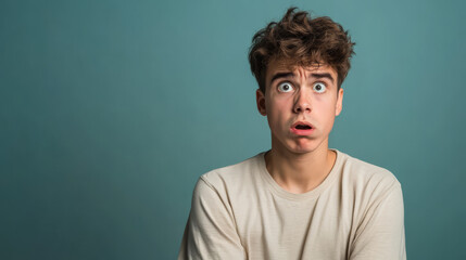 Obraz premium young man with shocked expression stands against blue background, wearing casual beige shirt. His wide eyes and open mouth convey surprise and disbelief