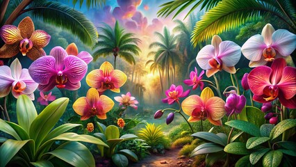 Vibrant Orchid Flowers in a Lush Tropical Paradise - Generative AI Photography