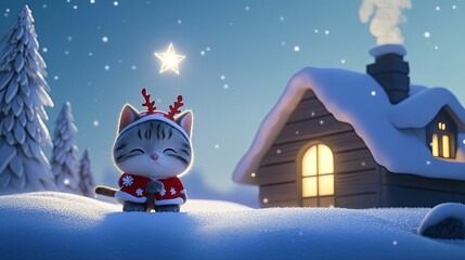Naklejka premium A minimalist 3D cartoon featuring a British Shorthair kitten dressed in a reindeer Christmas costume, playing in the snow-covered yard of a small house. Chimney smoke rises gently into the sky