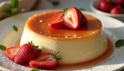  Strawberry flan with caramel and fresh strawberries