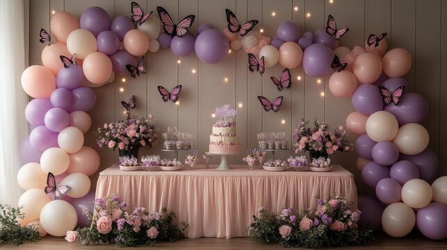 Elegant butterfly-themed party with pastel balloons and floral decor.