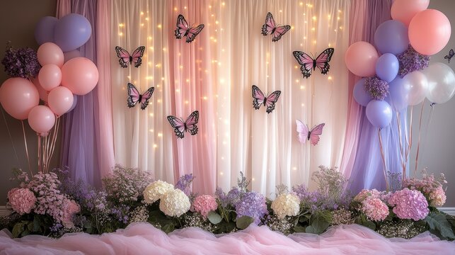 Elegant backdrop with butterflies, pastel balloons, and floral arrangements in a dreamy setting.