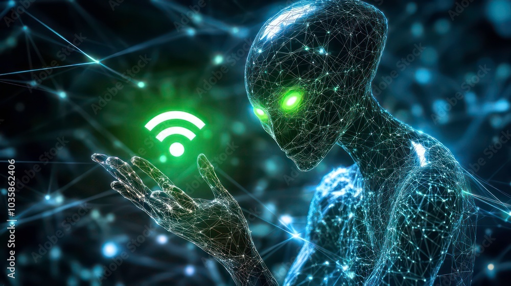 Poster a 3d rendering of a futuristic robot or alien with glowing green eyes holding a glowing wifi symbol.