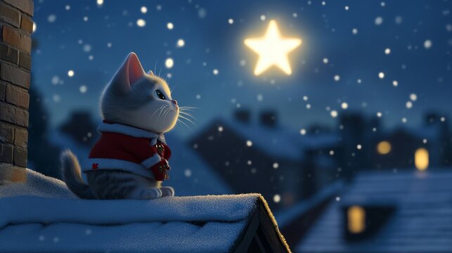 A 3D cartoon scene featuring a British Shorthair kitten in a festive Christmas costume, sitting on a snowy rooftop with gentle chimney smoke rising into the air. Above, a glowing Holy Star shines