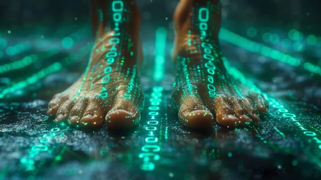 Numeric continuous code in green, abstract web data in binary code. Human foot stands on program code.