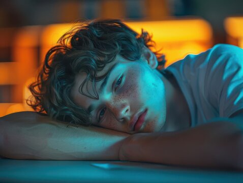 A thoughtful young man resting his head on his arm, reflecting in soft lighting. - Powered by Adobe