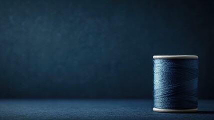 A spool of dark blue thread resting on a smooth surface against a minimalist backdrop in soft lighting